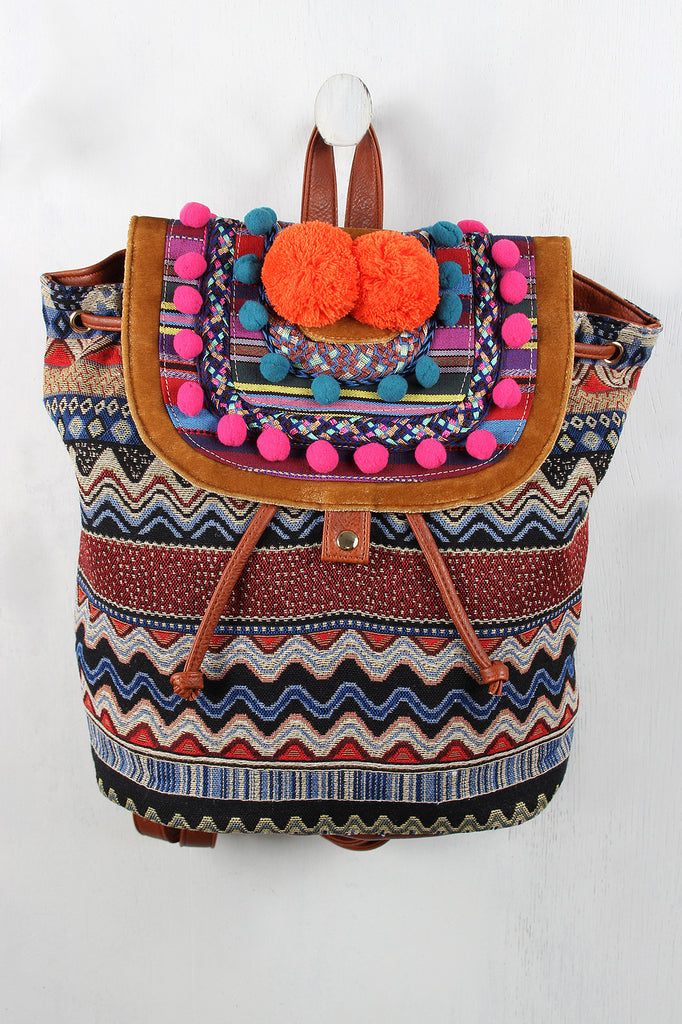 Multi Colored Drawstring Pom Pom Backpack