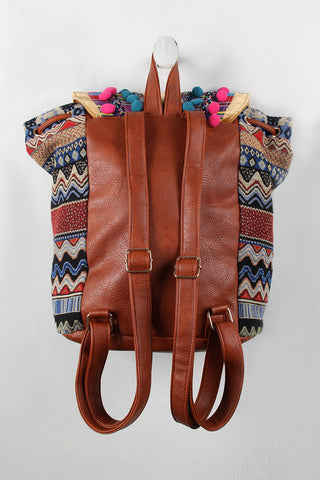 Multi Colored Drawstring Pom Pom Backpack
