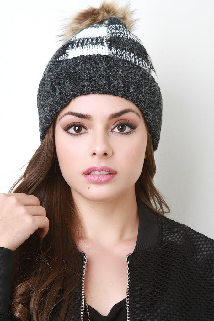 Knitted Gingham Faux Fur Lined Beanie