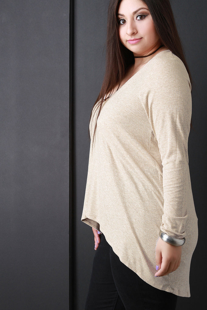Rib Knit Long Sleeves High Low Tunic Top