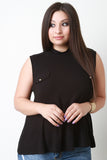 Rib Knit Faux Pocket Mock Neck Top