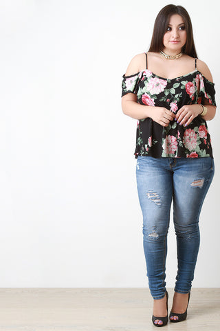 Open Shoulder Floral Print Top