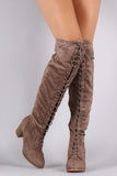 Over The Knee Lace Up Almond Toe Chunky Boots