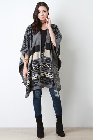 Navajo Tribal Print and Stripes Open Front Poncho