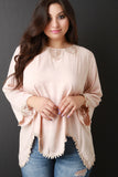 Crochet Lace Trim Long Sleeve Asymmetrical Hem Blouse