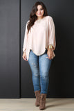 Crochet Lace Trim Long Sleeve Asymmetrical Hem Blouse