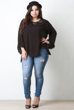 Crochet Lace Trim Long Sleeve Asymmetrical Hem Blouse