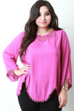 Crochet Lace Trim Long Sleeve Asymmetrical Hem Blouse