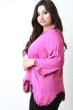Crochet Lace Trim Long Sleeve Asymmetrical Hem Blouse