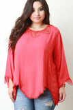 Crochet Lace Trim Long Sleeve Asymmetrical Hem Blouse