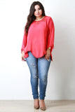 Crochet Lace Trim Long Sleeve Asymmetrical Hem Blouse