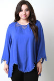 Crochet Lace Trim Long Sleeve Asymmetrical Hem Blouse