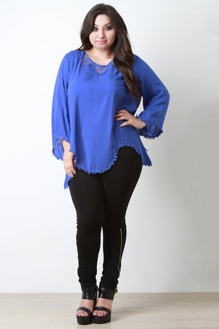 Crochet Lace Trim Long Sleeve Asymmetrical Hem Blouse