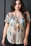 Semi-Sheer Feather Print Top with Necklace