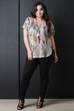 Semi-Sheer Feather Print Top with Necklace