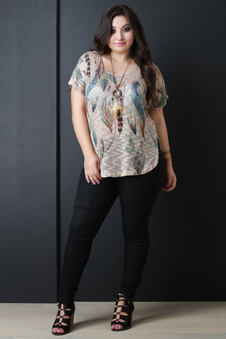 Semi-Sheer Feather Print Top with Necklace