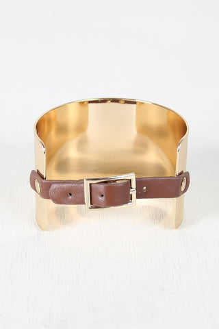 Metallic Cuff With Vegan Leather Buckle Bracelet
