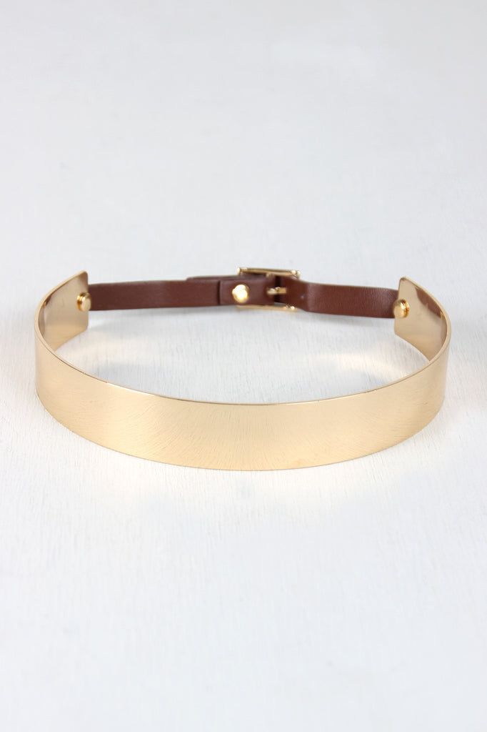 Metallic Collar with Vegan Leather Buckle Necklace