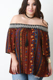 Paisley Print Off-The-Shoulder Quarter Sleeves Peasant Top