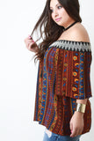 Paisley Print Off-The-Shoulder Quarter Sleeves Peasant Top
