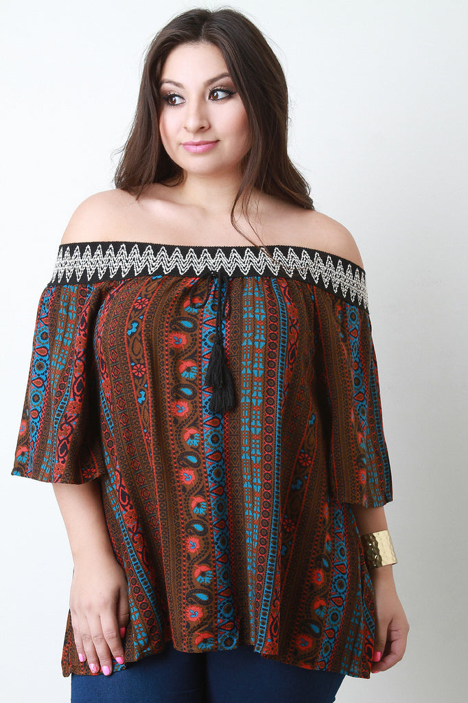 Paisley Print Off-The-Shoulder Quarter Sleeves Peasant Top