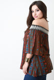 Paisley Print Off-The-Shoulder Quarter Sleeves Peasant Top