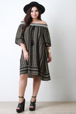 Embroidered Tribal Print Off-The-Shoulder Shift Dress