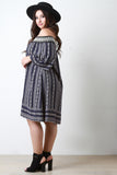 Embroidered Tribal Print Off-The-Shoulder Shift Dress