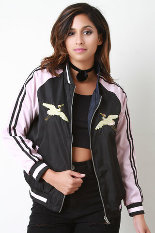 Reversible Embroidered Stripe Sleeve Bomber Jacket