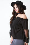 Off The Shoulder Embroidered Mesh Sleeve Peasant Top