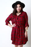Long Sleeve Button Up Plaid Shirt Dress