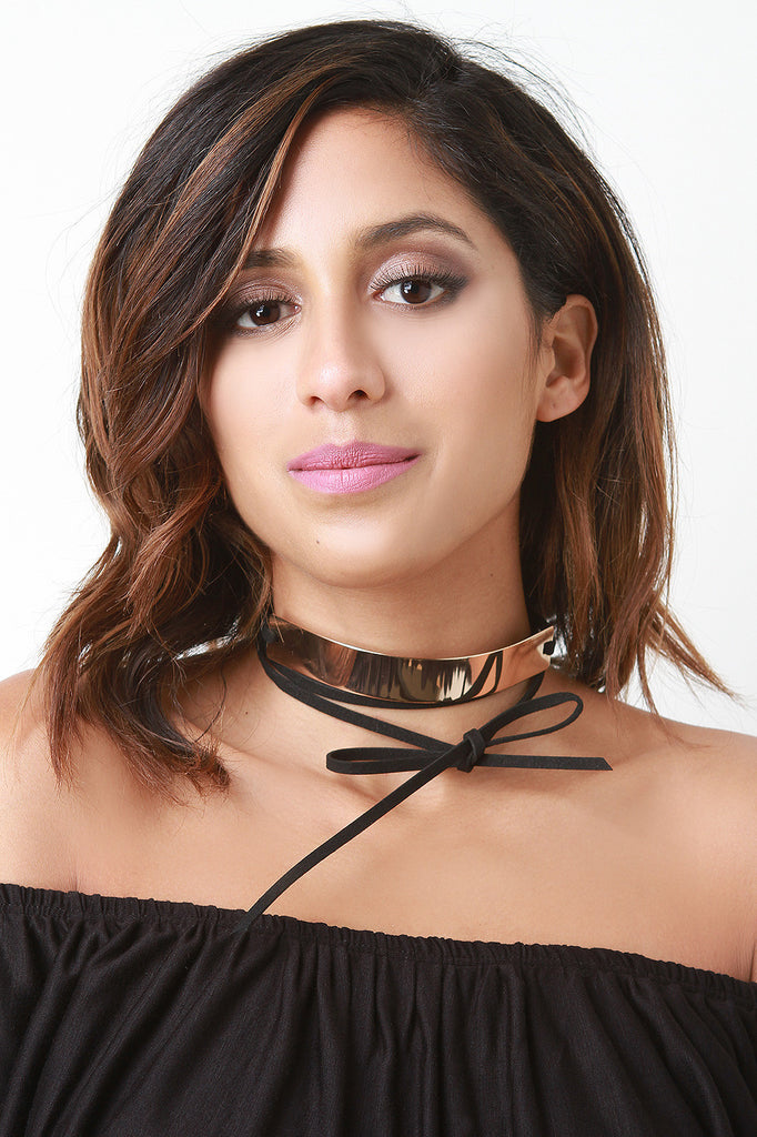 Metal Plate Suede Wrap Choker Necklace