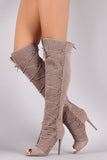 Qupid Lace Up Perforated OTK Stiletto Boots