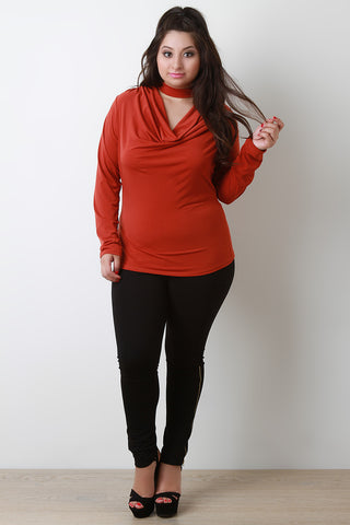 Mock Neck Draped Keyhole Long Sleeve Top