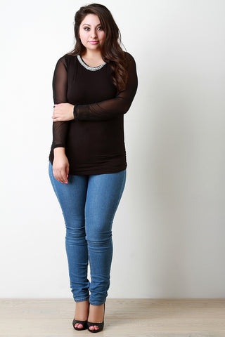 Crystals and Beads Round Neck Mesh Sleeves Top