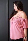 Cold Shoulder Crochet Trim Lace Up Top
