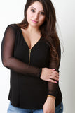 Textured Knit Contrast Mesh Zip-Up V-Neck Top