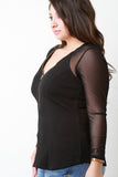 Textured Knit Contrast Mesh Zip-Up V-Neck Top