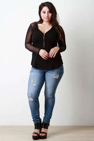 Textured Knit Contrast Mesh Zip-Up V-Neck Top