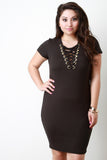 Suede Lace-Up Eyelet Trim V-Neck Short Sleeve Dress