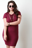 Suede Lace-Up Eyelet Trim V-Neck Short Sleeve Dress
