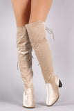 Crushed Velvet Back Lace-Up Chunky Heeled Over-The-Knee Boots