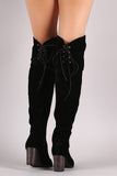 Crushed Velvet Back Lace-Up Chunky Heeled Over-The-Knee Boots