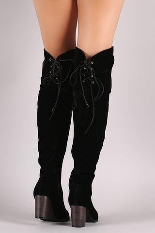 Crushed Velvet Back Lace-Up Chunky Heeled Over-The-Knee Boots