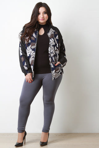 Tropical Print Zip Up Bomber Jacket