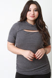 Ribbed Knit Keyhole Short Sleeves Top