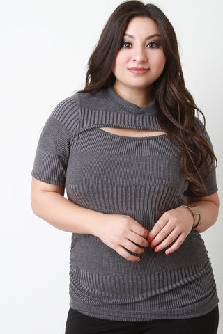 Ribbed Knit Keyhole Short Sleeves Top