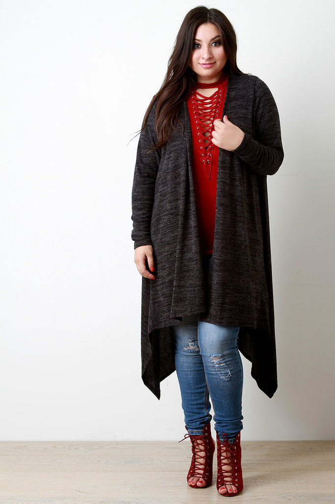 Marled Knit Draped Open Front Longline Cardigan