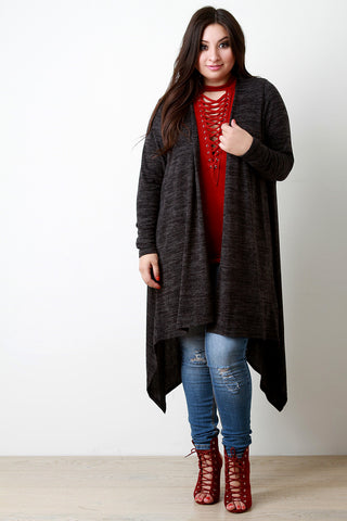 Marled Knit Draped Open Front Longline Cardigan