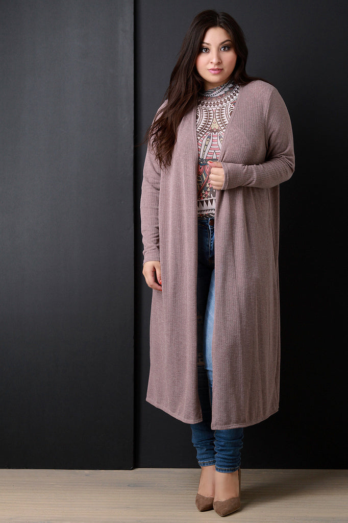 Ribbed Knit Long Sleeves Open Front Cardigan